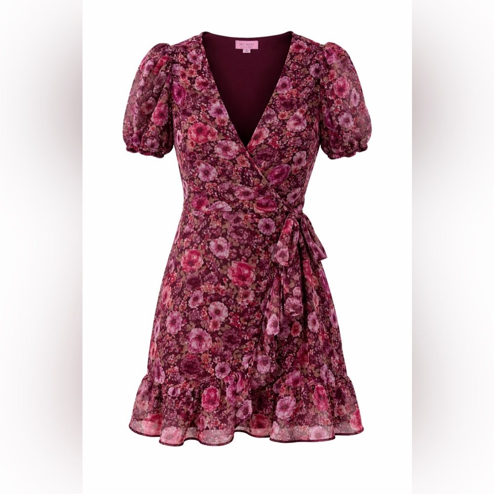 Mi Ami for Francesca’s Floral Wrap Dress S Ruffle Hem Sheer Overlay NWT - Picture 2 of 7